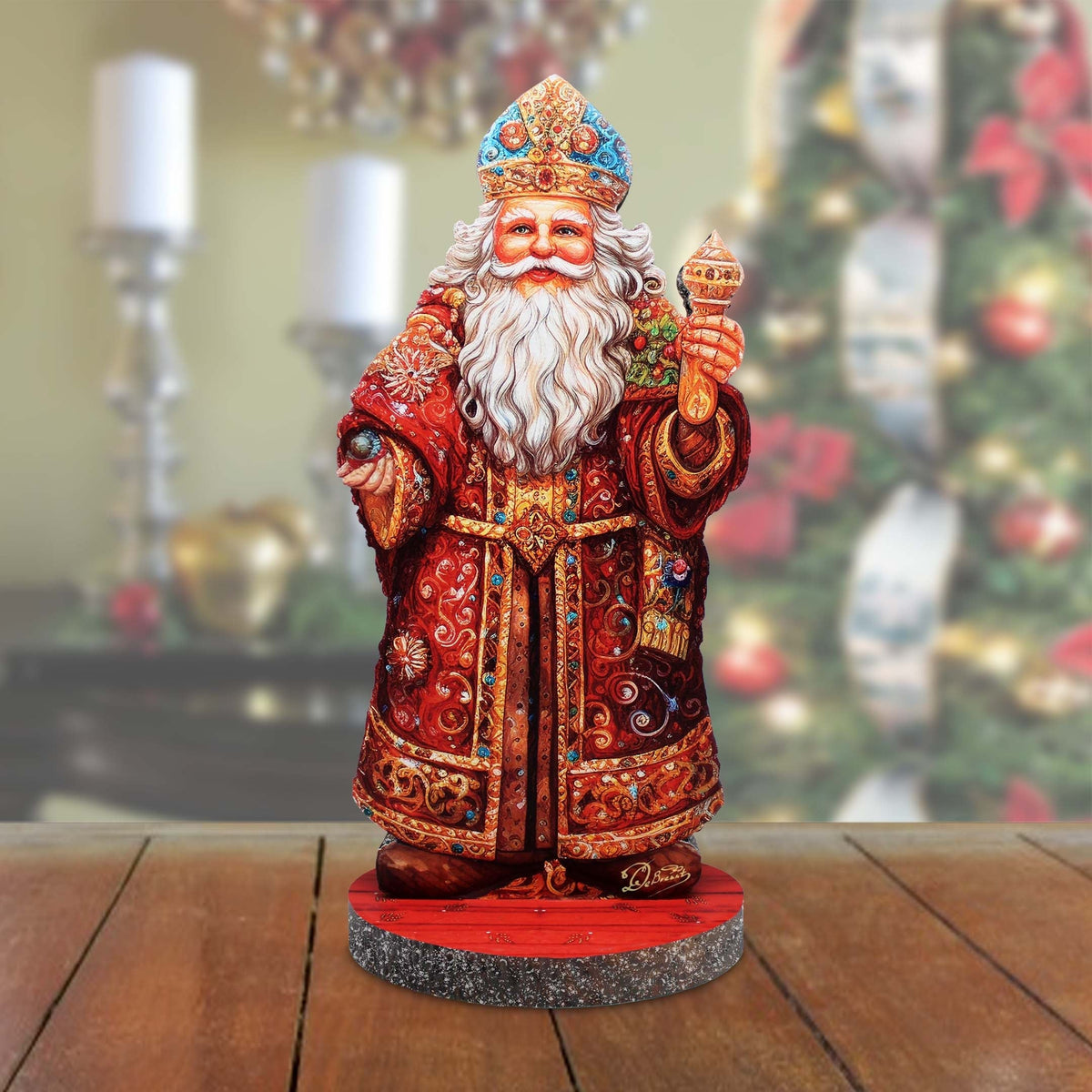 Festive Santa Limited Edition Centerpiece Wooden Figurine by G. Debrekht - Christmas Santa Snowman Decor - 89321