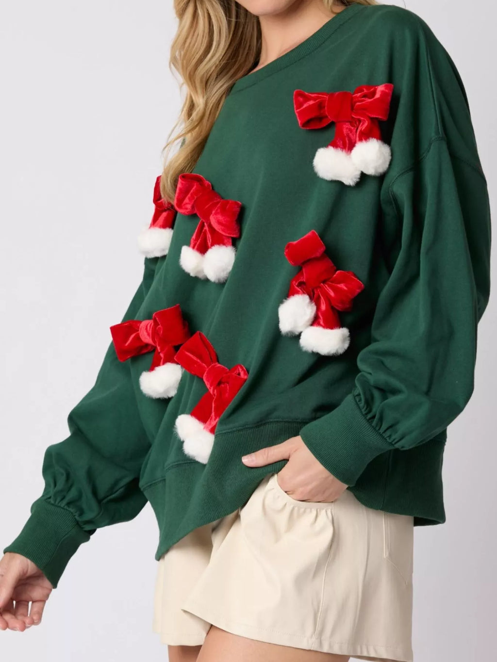 Christmas Long Sleeve Sweatshirt with Pom-Pom Bow Decoration