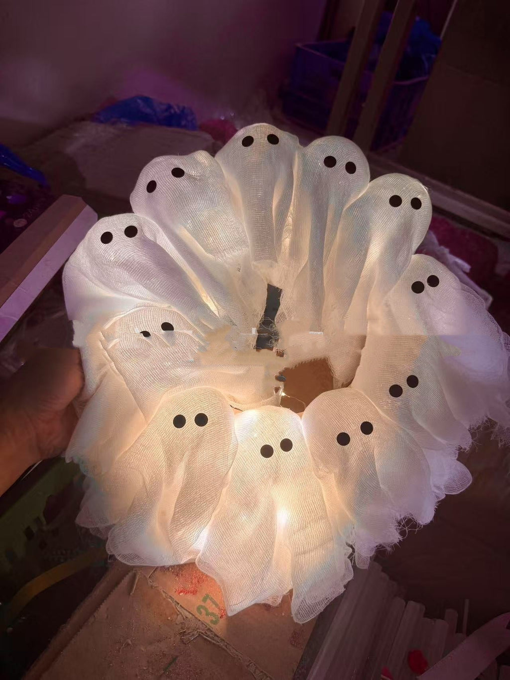Halloween Decorations Ghost Wreath Cute Ghost Halloween Door Sign For Door Porch Wall Holiday Home Decor Glow Ghost Lights