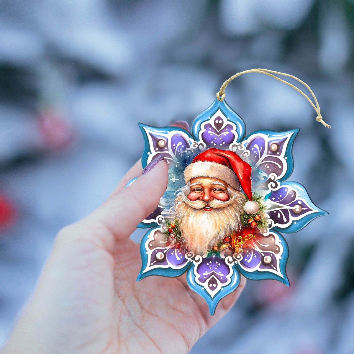 Smiling Santa Snowflake Wooden Ornaments by G. Debrekht - Christmas Santa Snowman Decor - 8688423