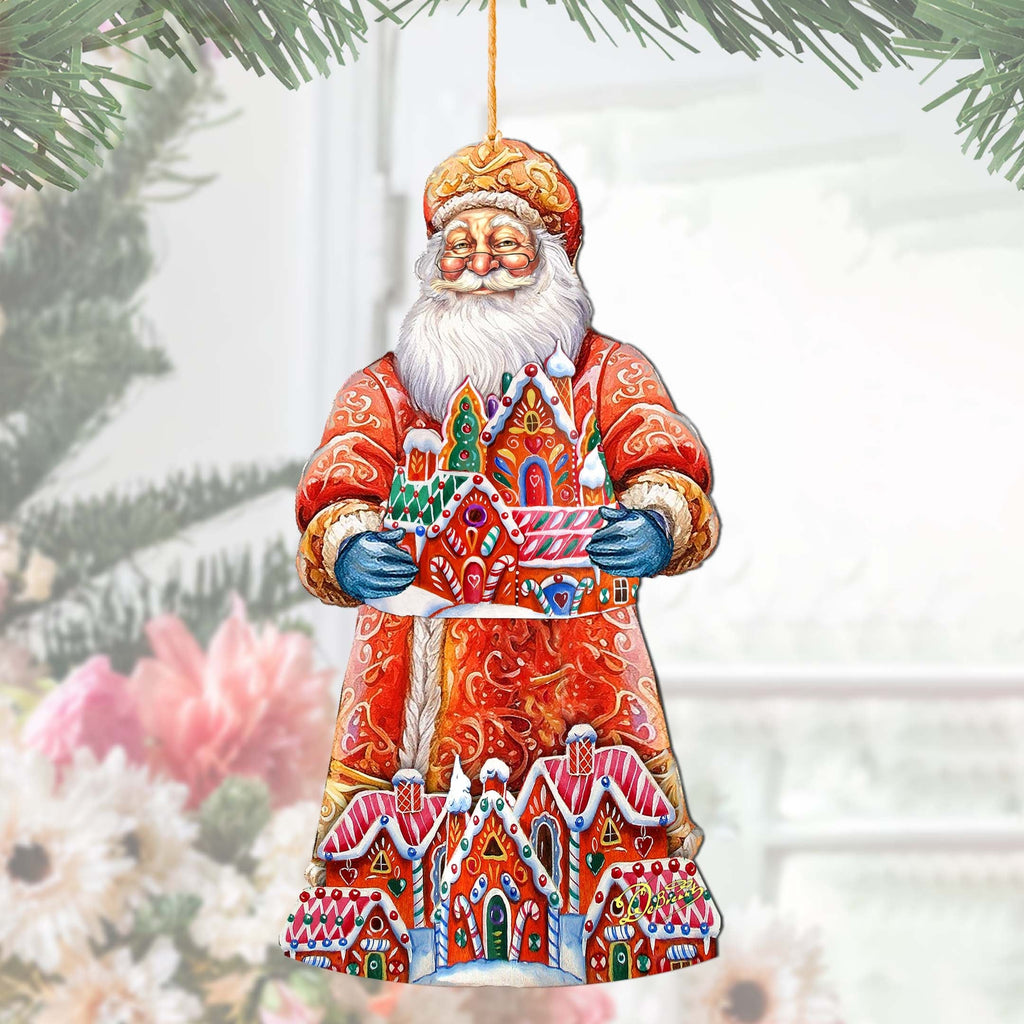 Santa and the Gingerbread House Wooden Ornaments by G. Debrekht - Christmas Santa Snowman Decor - 8691404