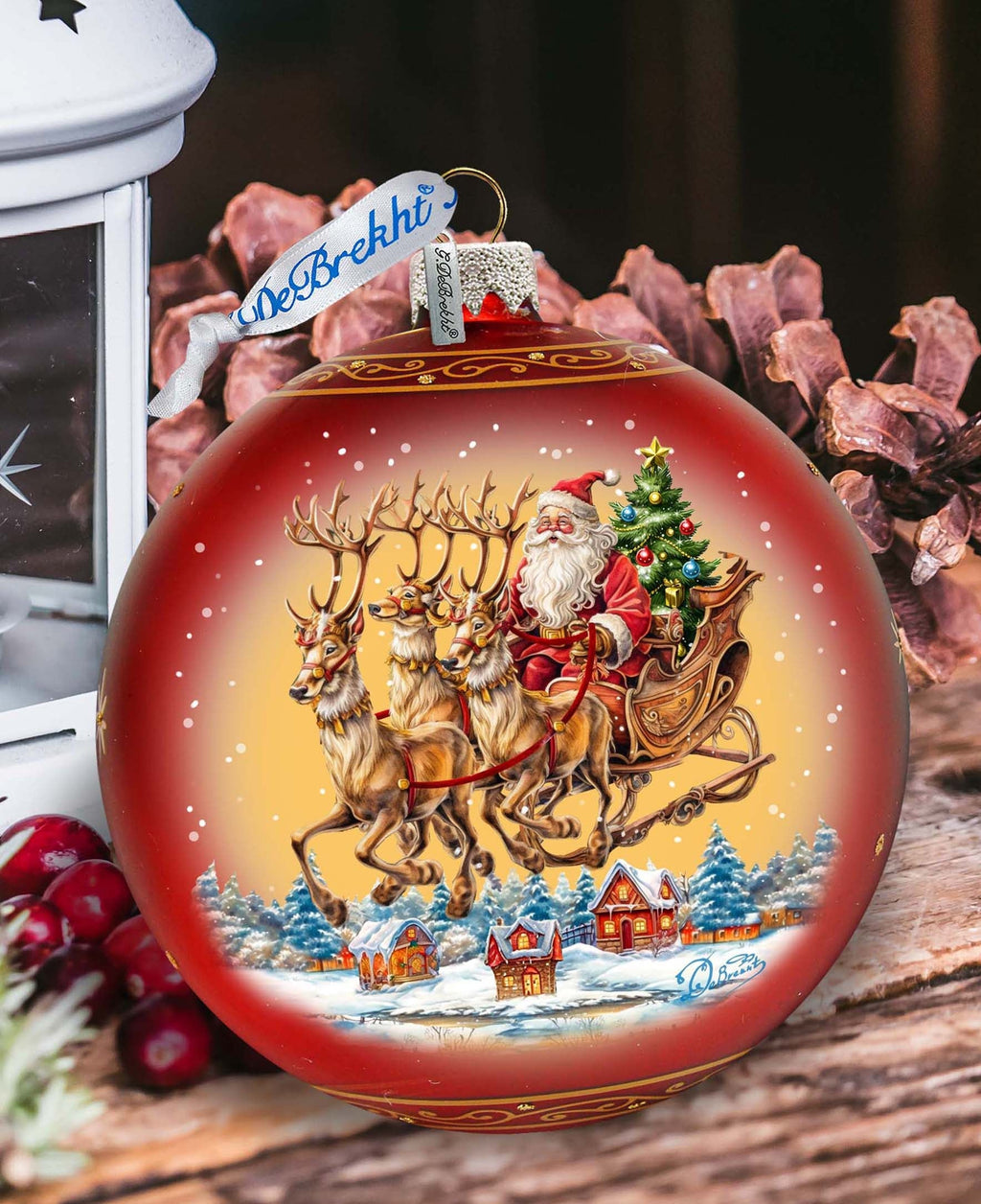Santa on Sleigh Lg Glass Ornament by G.Debrekht - Christmas Santa Snowman Decor - 73938
