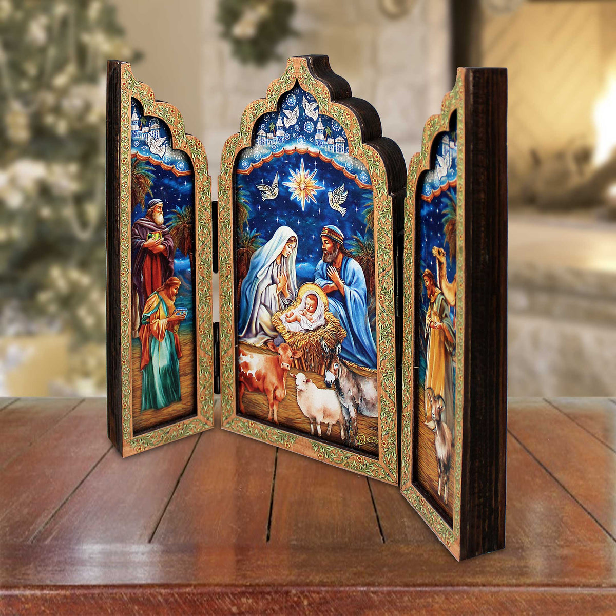 Christmas Story Wooden Tabletop Triptych - Nativity Holiday Decor - Limited Edition Centerpiece Figurine by G. Debrekht 89313-S3