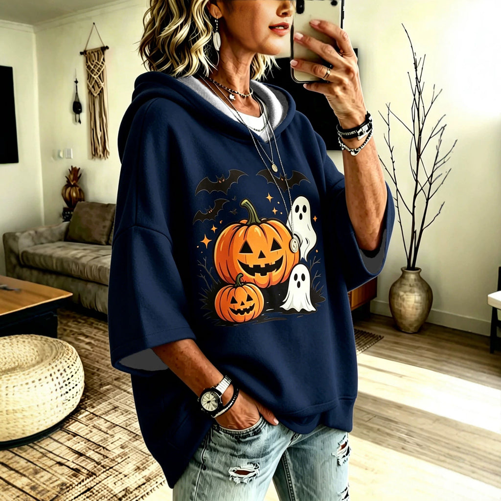 Digital-print Halloween Casual Loose-fit Hooded Sweatshirt