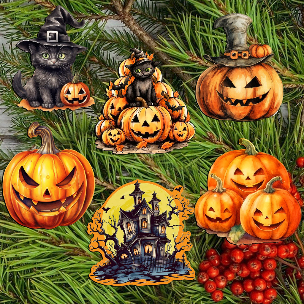 Spooky pumpkins Clip-On Eco Wood Decorative Ornaments Set of 6 by G. Debrekht - Halloween Decor - 8090019C-S6