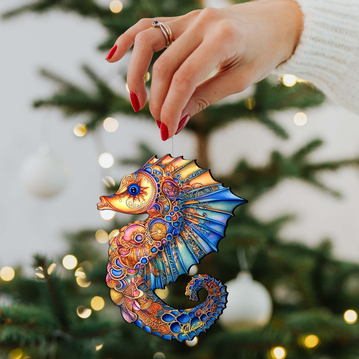 Nautical Christmas Ornaments - Mosaic Seahorse Wooden Ornaments by G.Debrekht Coastal Holiday Decor - 8688191