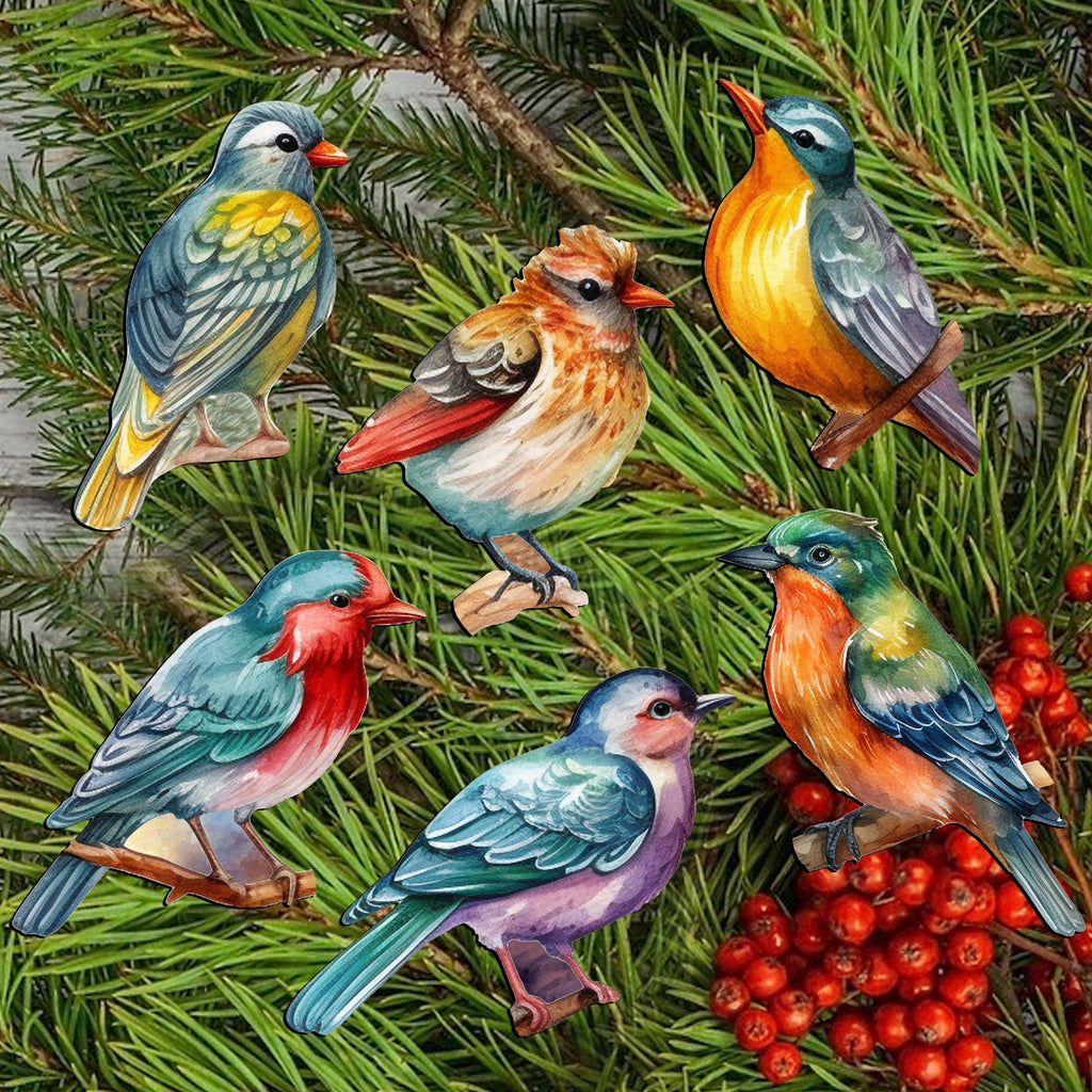 Forest birds Clip-On Eco Wood Decorative Ornaments Set of 6 by G. Debrekht - Christmas Decor - 8090015C-S6