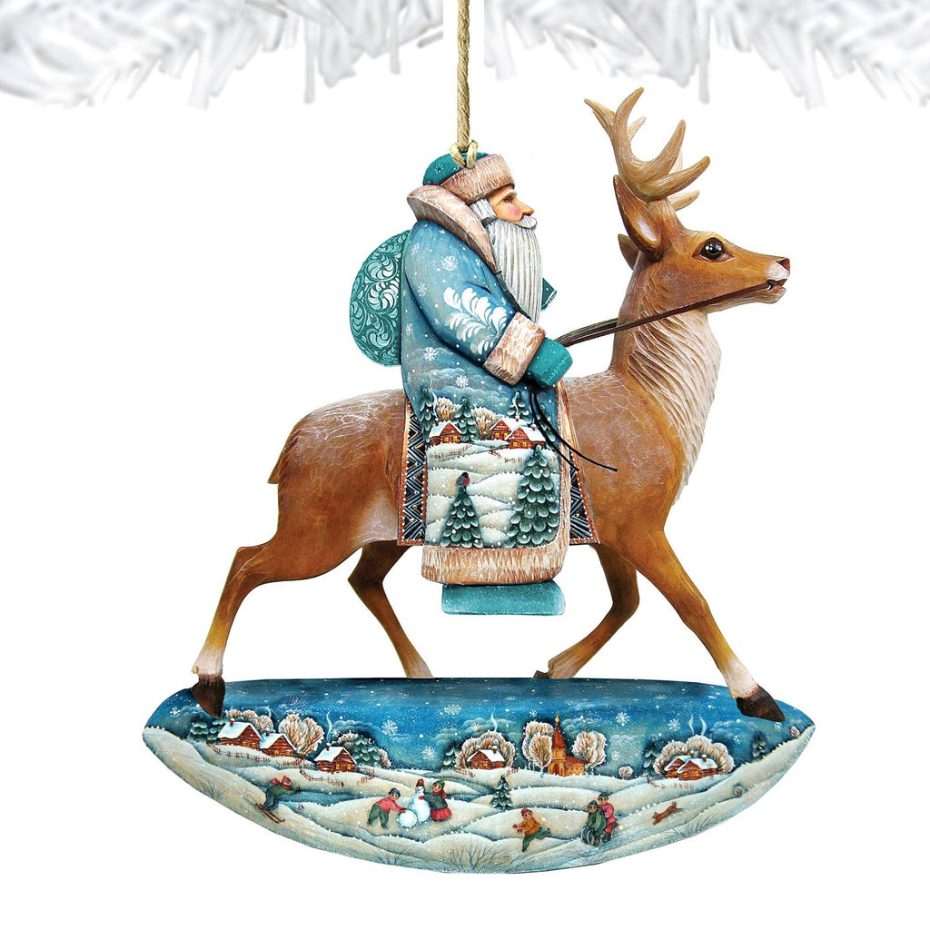 Reindeer Ride Santa Wooden Ornaments by G. DeBrekht - Christmas Santa Snowman Decor - 8151123