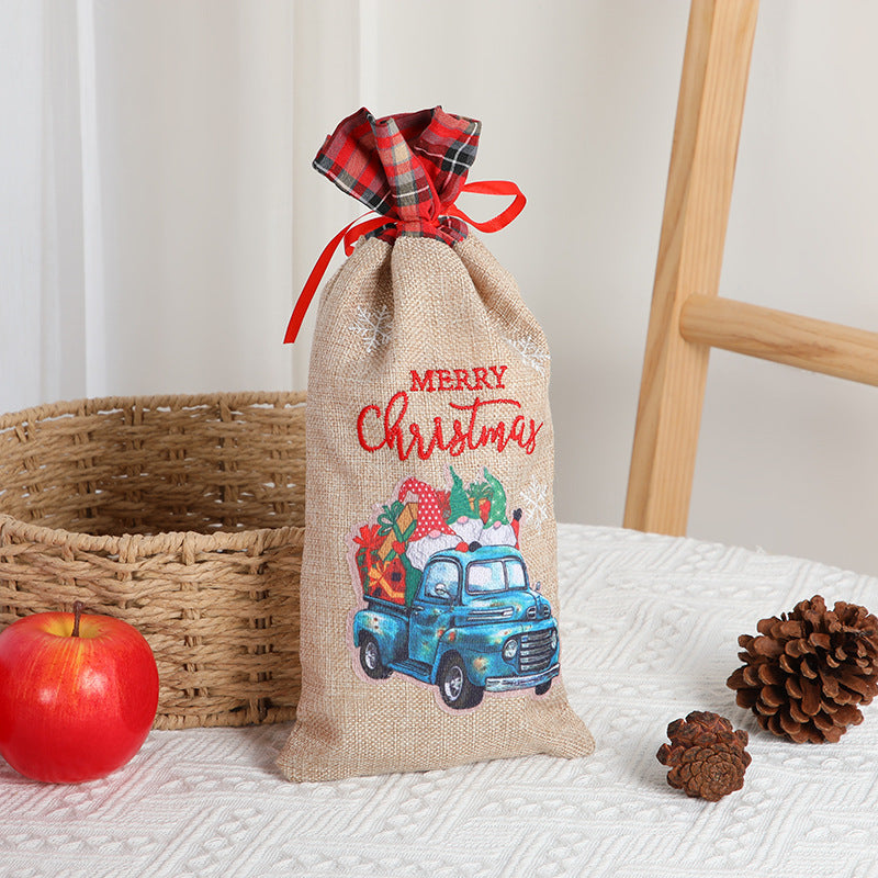 Christmas gift bag, letter printed Santa Claus home decoration, plaid linen red wine set