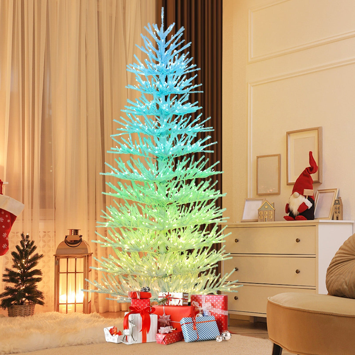 7 FT Artificial Pre-lit Christmas Tree Hinged Xmas Tree with 820 Coral-like Branch Tips