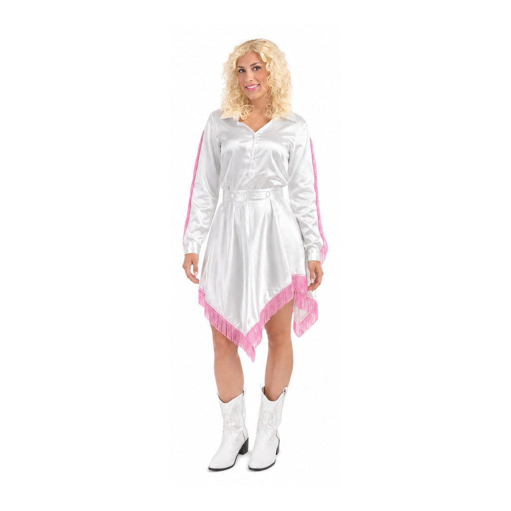 Women’s Country Singer Costume – White & Pink Fringe Blouse & Skirt