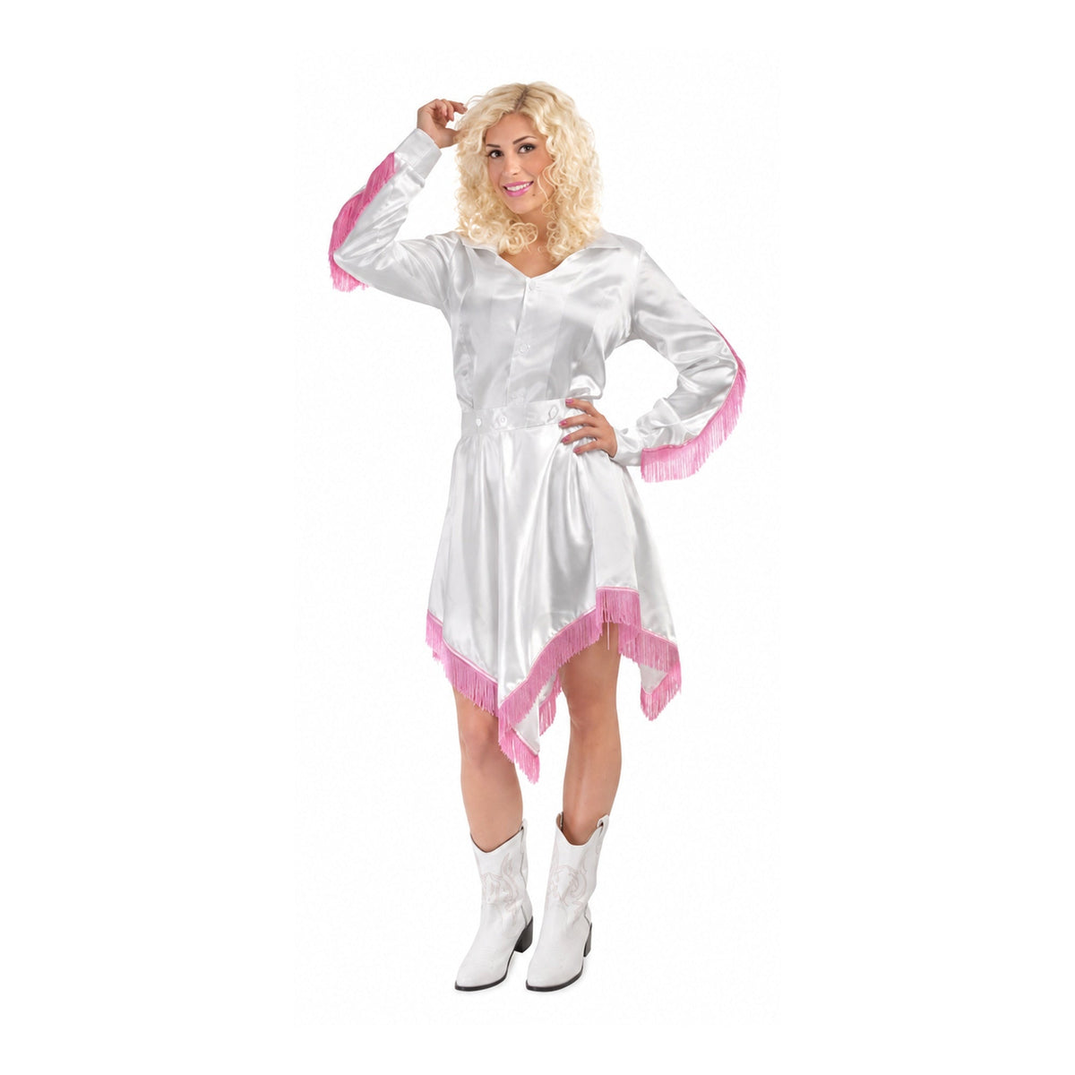 Women’s Country Singer Costume – White & Pink Fringe Blouse & Skirt