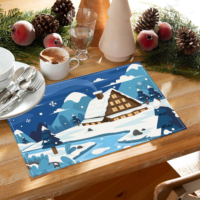 Christmas placemat white hemp Christmas scenery print home table mat living room dining table coaster