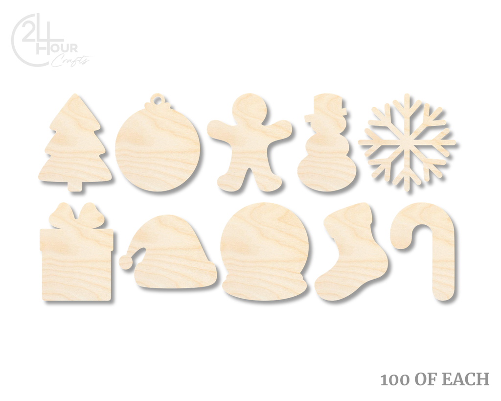 Unfinished Wood Christmas Craft Blanks | Bulk 1000 Piece Pack | Christmas Themed Shapes | 1/8" Thick Wood Cutouts | 4" or 5" DIY Craft Blanks | Wholesale Craft Supply