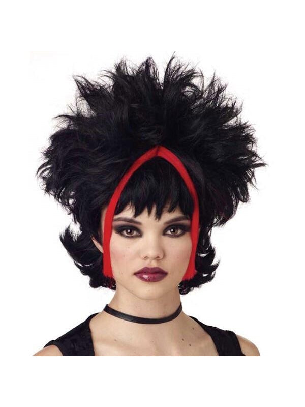 Chunky Black & Red Gothic Streaked Wig