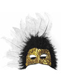 Adult Black & White Feather Gold Sequin Half Mask