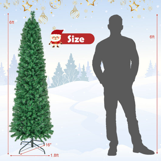 5/6/7/8 FT Pre-Lit Christmas Pencil Tree with Colorful Fiber Optics Green-8 ft