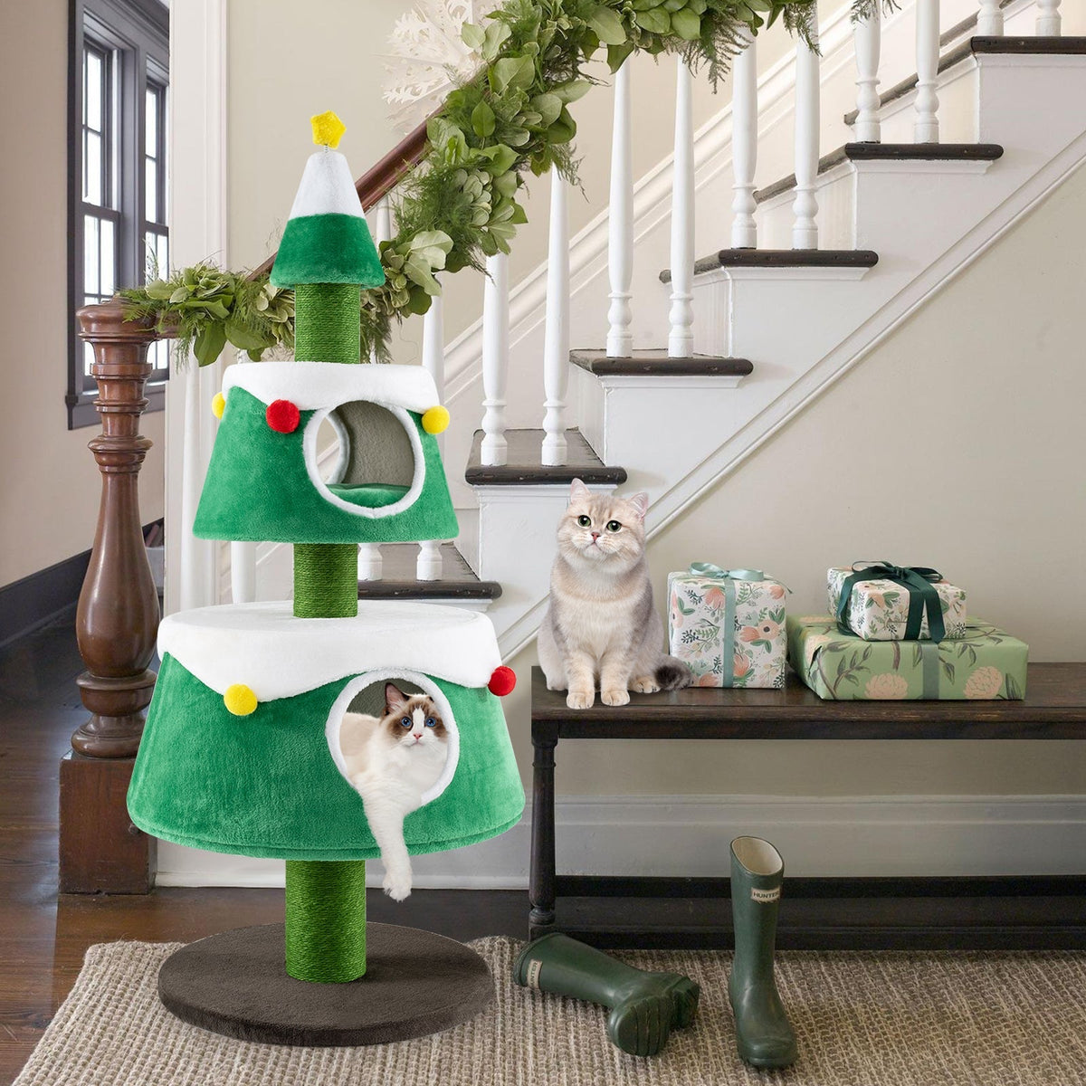Christmas Cat Tree for Indoor Cats Cute Holiday Cat Tower with 2 Condos-Green
