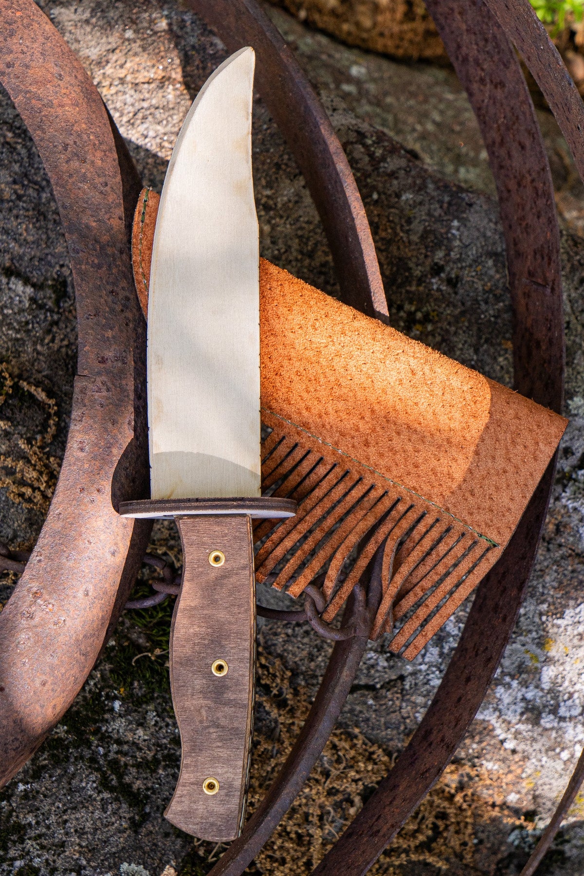 Play Wooden Bowie Knife with Real Leather Sheath