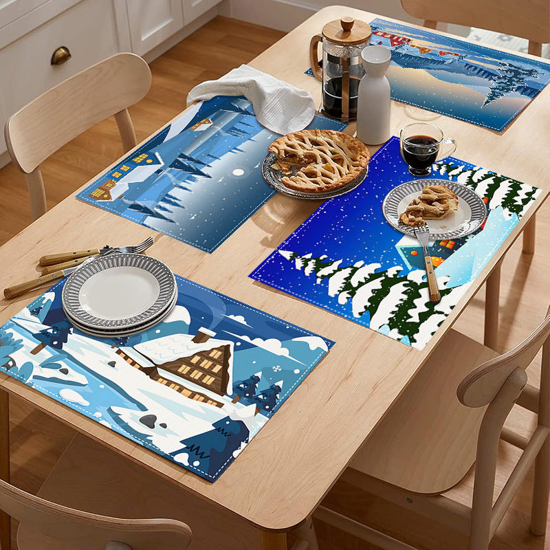 Christmas placemat white hemp Christmas scenery print home table mat living room dining table coaster