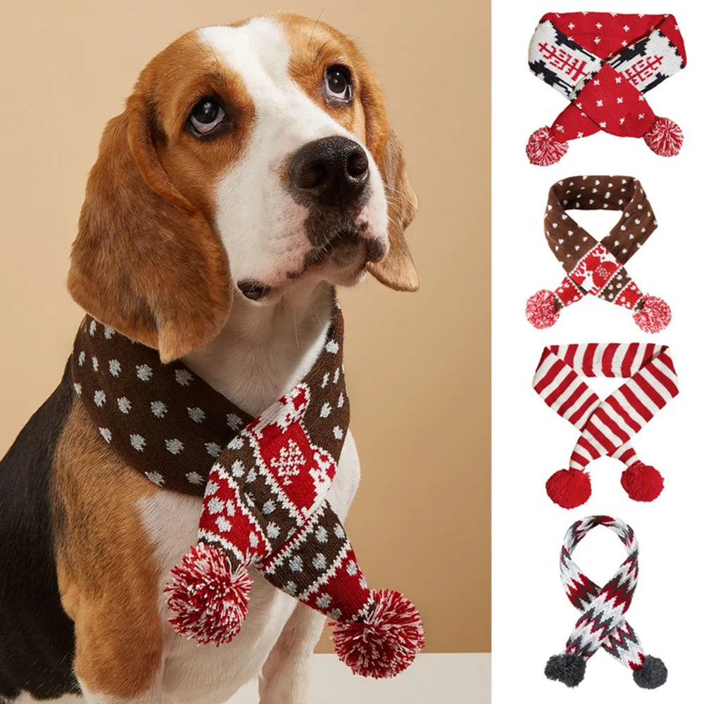 Christmas Dog Scarf Knitted Elk Scarf Striped Hair Ball Pet Scarf Outdoor Winter Warm Cat Dog Scarves Puppy Collar Pet Supplies