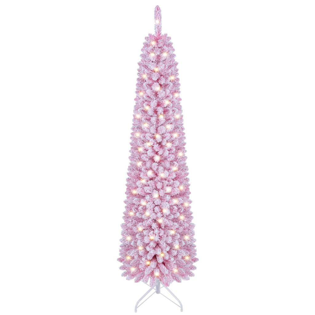 6 FT Pink Flocked Pre-Lit Pencil Christmas Tree with LED Lights