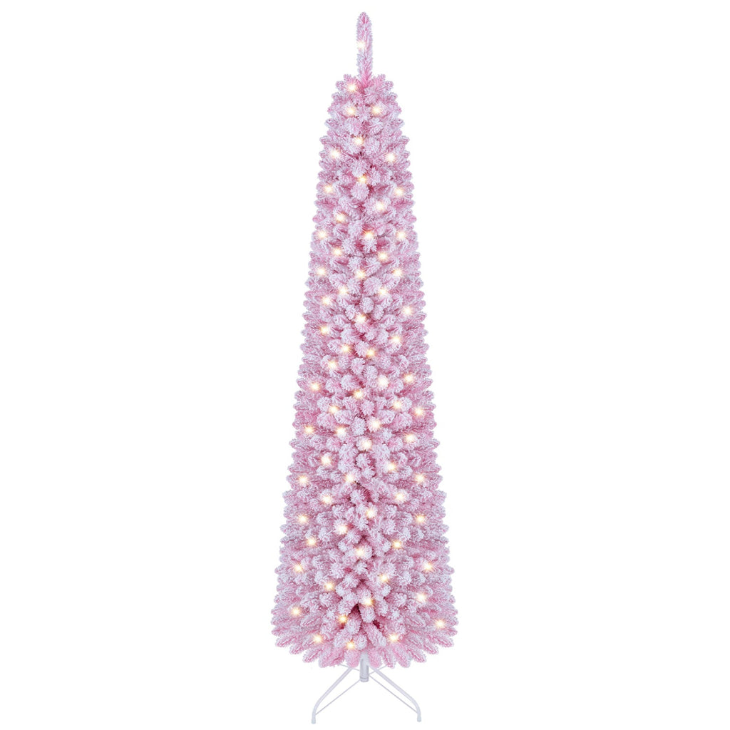 6 FT Pink Flocked Pre-Lit Pencil Christmas Tree with LED Lights