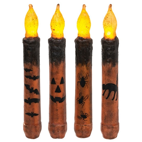 Set of 4 Grungy Spooky Timer Taper Candles for Halloween Decor