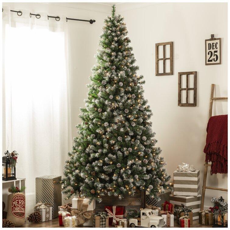 Artificial Green Pine Christmas Tree with Warm Lights, Flocked Pine Cones