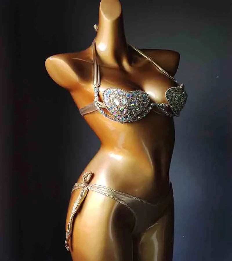 The Venus Vacation Deep-V Bikini – Luxe Rhinestone Embellished Showgirl Swim Set
