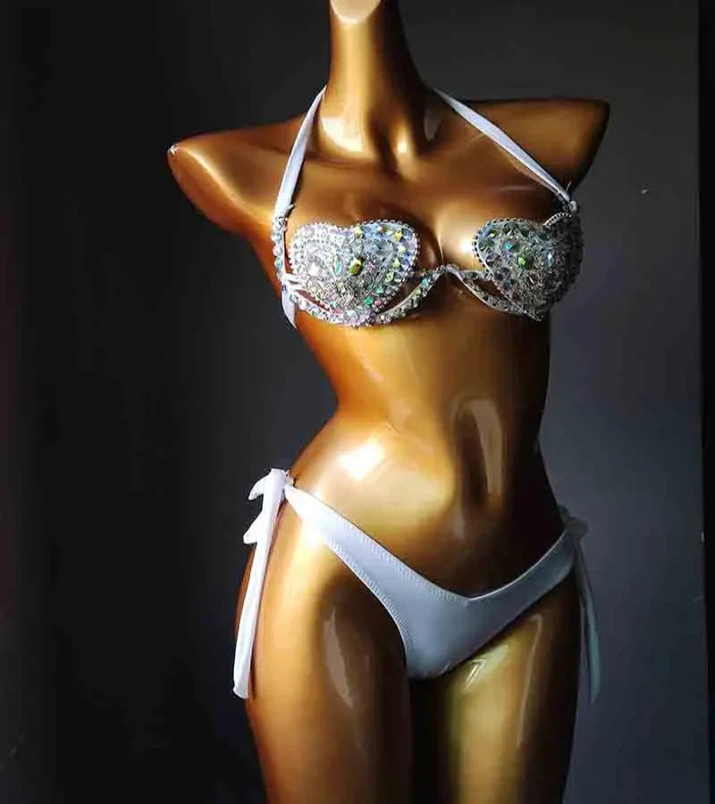 The Venus Vacation Deep-V Bikini – Luxe Rhinestone Embellished Showgirl Swim Set