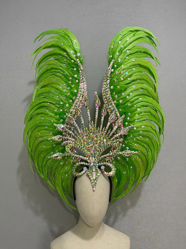 The Stardust Vertigo – Emerald Green Feathered Carnival & Samba Headdress