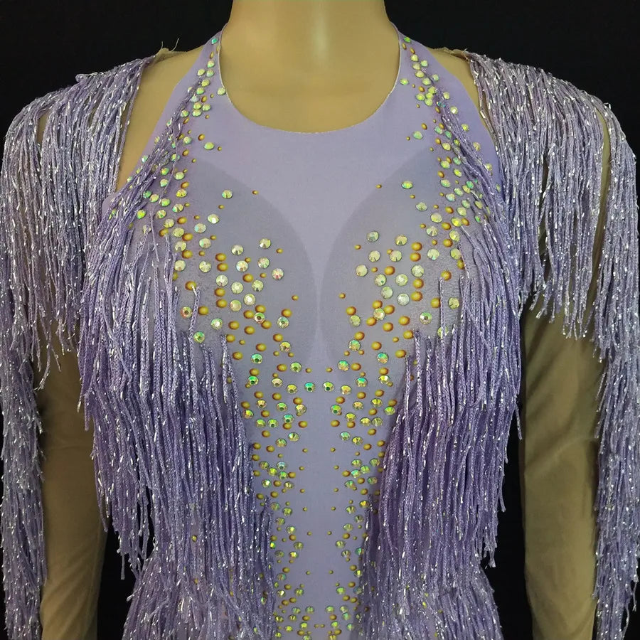 Sparkly Crystal Purple Tassel Showgirl Bodysuit Set – Glamour Stage Fringe Performance Costume