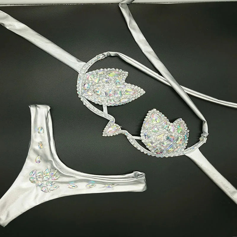 Luxury Rhinestone Cut-Out Leotard – Shimmering Crystal Stage Bodysuit & Harness Costume for GoGo Dancers, Circus Acts & Raves