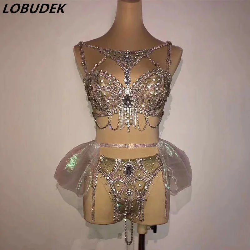 Sexy Nightclub DJ Pole Dance Bikini Costume Silver Rhinestones Rhinestones Chains Bra Shorts Skirt Rave Outfits Festival Clothes