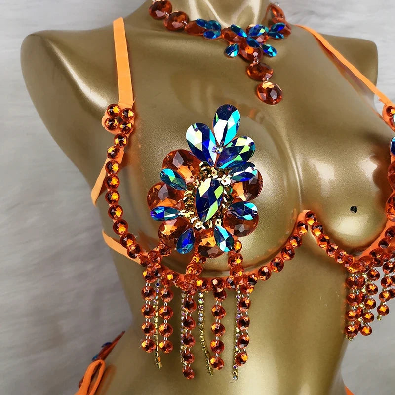 Sparkly Samba Carnival Stone Wire Bra, Belt & Necklace Three-Piece Costume Set