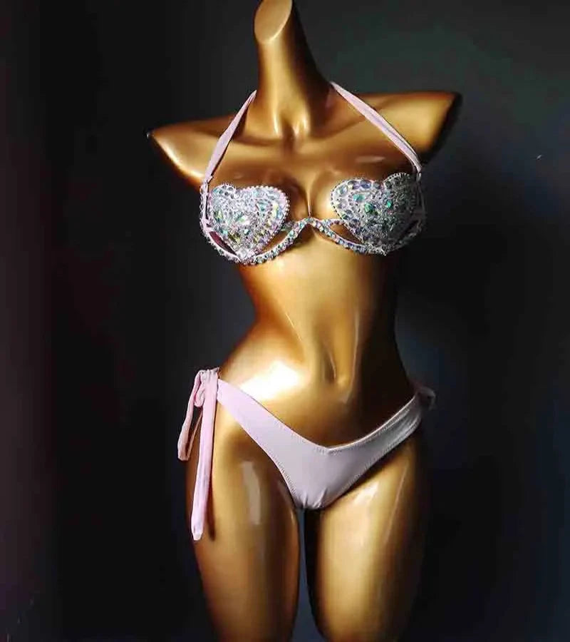 The Venus Vacation Deep-V Bikini – Luxe Rhinestone Embellished Showgirl Swim Set