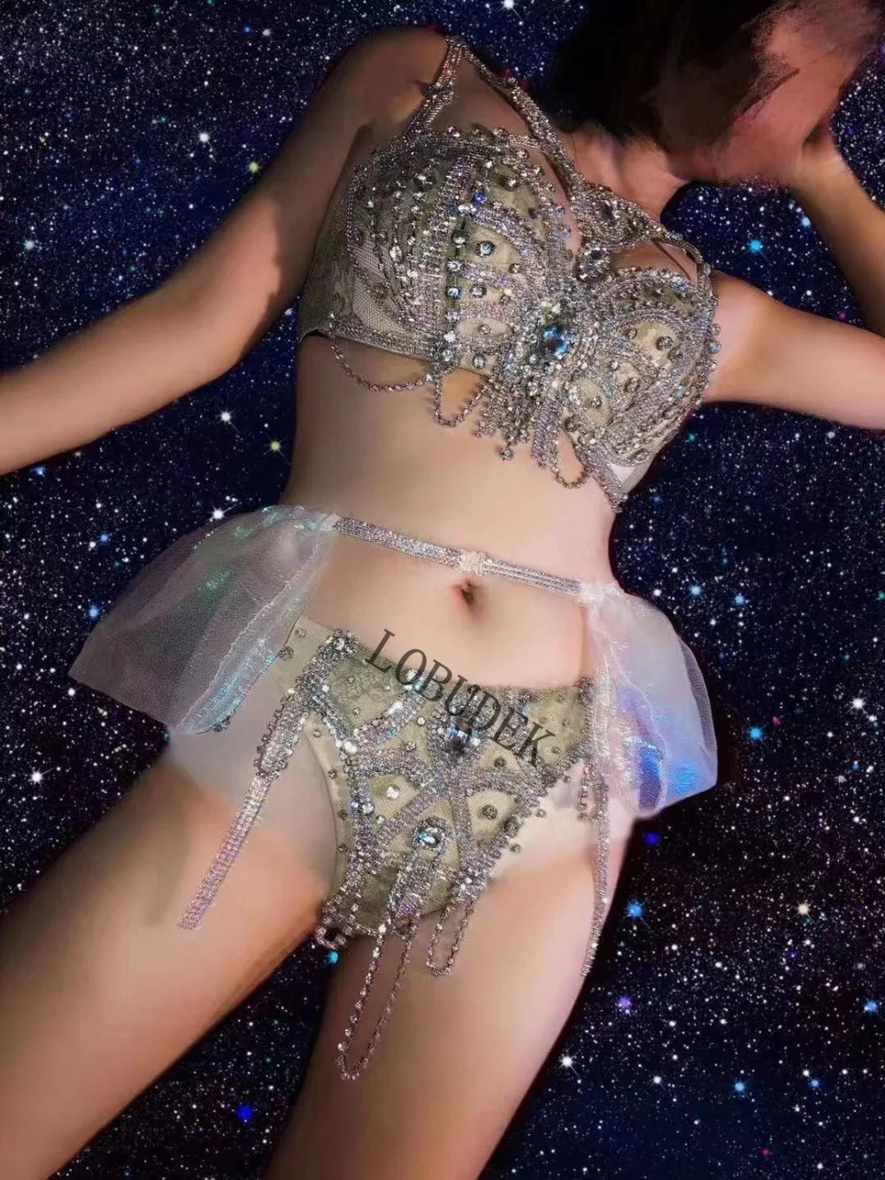 Sexy Nightclub DJ Pole Dance Bikini Costume Silver Rhinestones Rhinestones Chains Bra Shorts Skirt Rave Outfits Festival Clothes