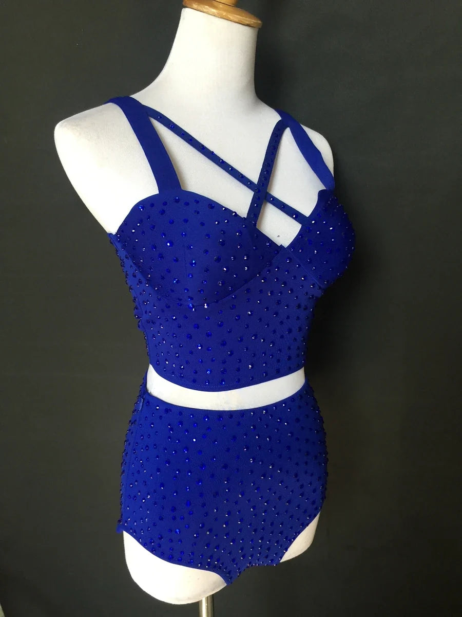 Sparkly Rhinestone Crop Top & High-Waisted Shorts Two-Piece Dance Costume Set