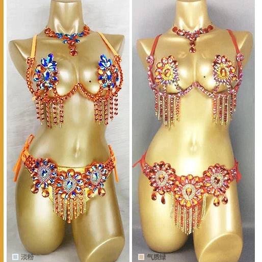 Sparkly Samba Carnival Stone Wire Bra, Belt & Necklace Three-Piece Costume Set