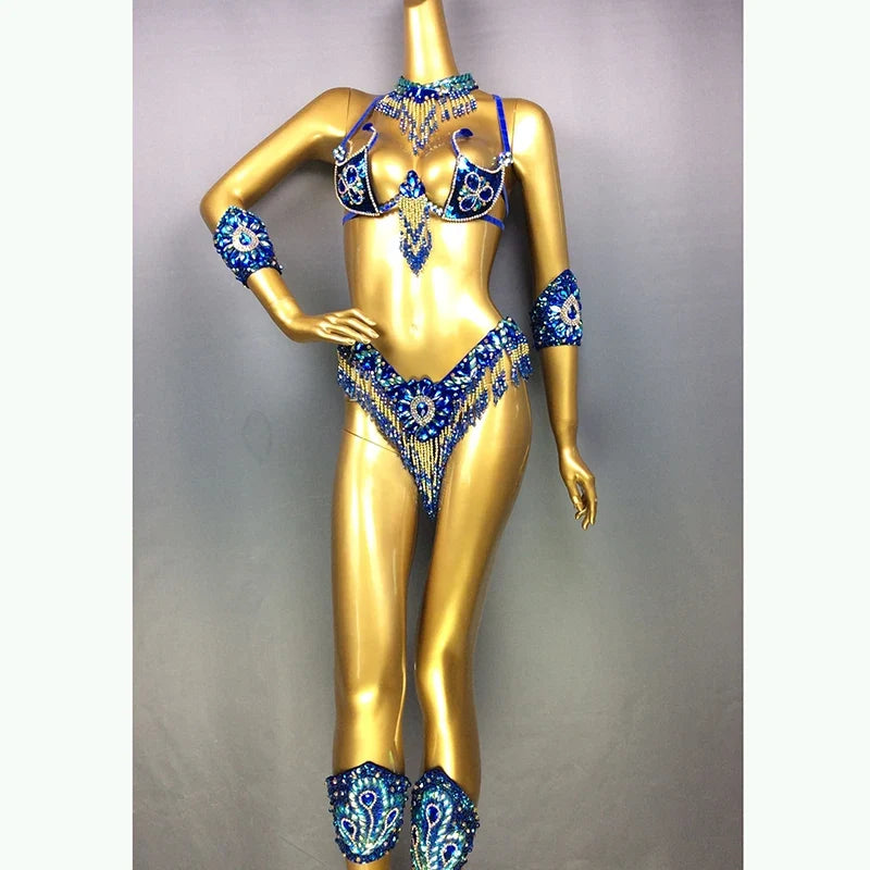 Handmade Beaded Samba Carnival Bra, Thong & Jewelry 5-Piece Stage Costume Set