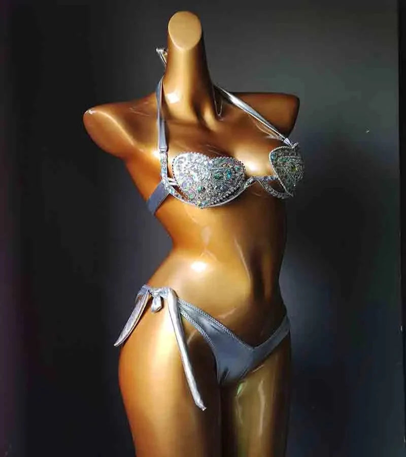 The Venus Vacation Deep-V Bikini – Luxe Rhinestone Embellished Showgirl Swim Set
