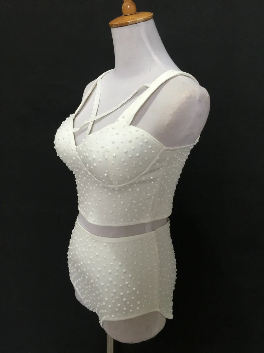 Sparkly Rhinestone Crop Top & High-Waisted Shorts Two-Piece Dance Costume Set