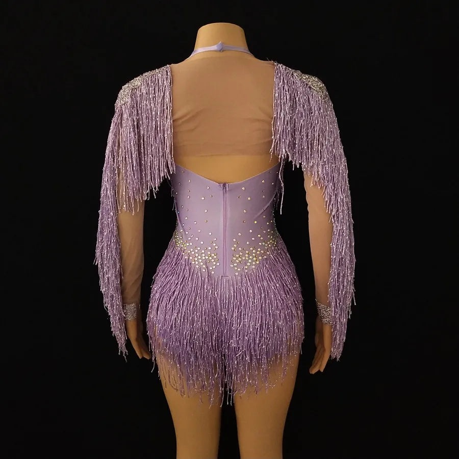 Sparkly Crystal Purple Tassel Showgirl Bodysuit Set – Glamour Stage Fringe Performance Costume