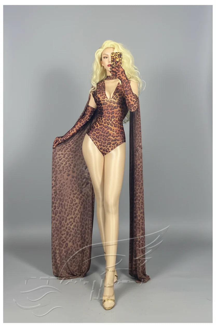 Wild Glam Leopard Print Gogo Bodysuit & Flowing Cape Set