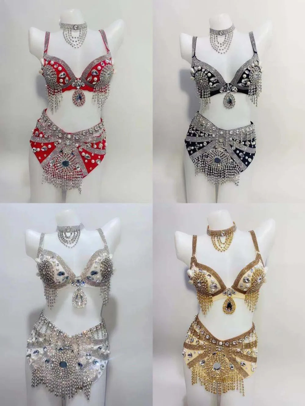 Sparkly Rhinestone Beading Tassel Bikini Sexy Nightclub Stage Wear Fringe Bra High Waist Short DJ Rave Outfit Nightclub Costume