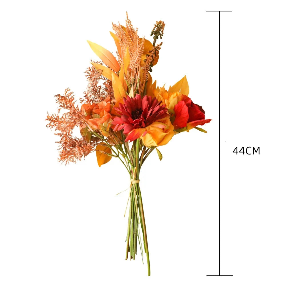 Autumn Bouquet Silk Rose Maple Leaves Dandelion  Artificial Flower for Halloween Decoration