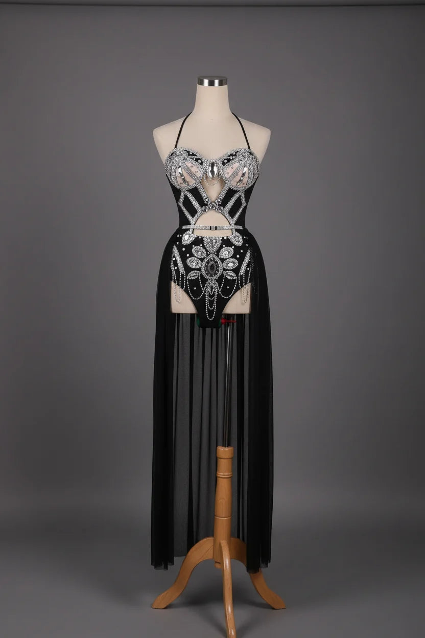 The Stardust Empress Royale – Sparkly Cutout Siamese Singer Jumpsuit & Cloak Set