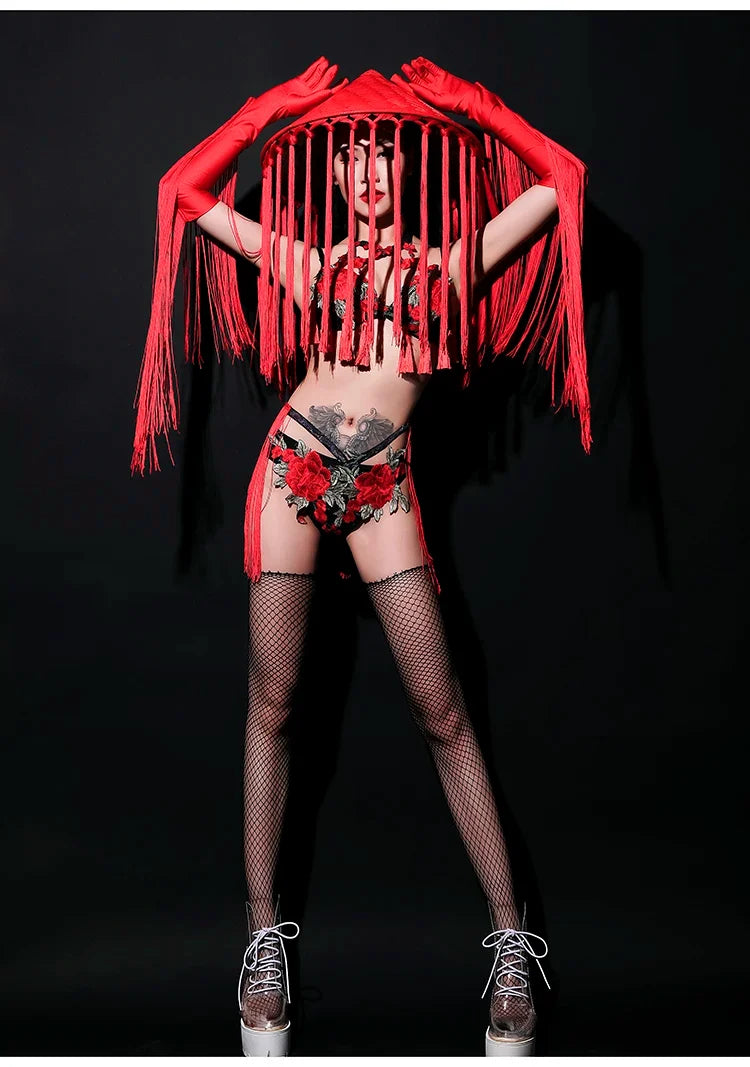 Red Rose Floral Fringe Bikini & Matching Fringe Gloves Stage Performance Costume Set
