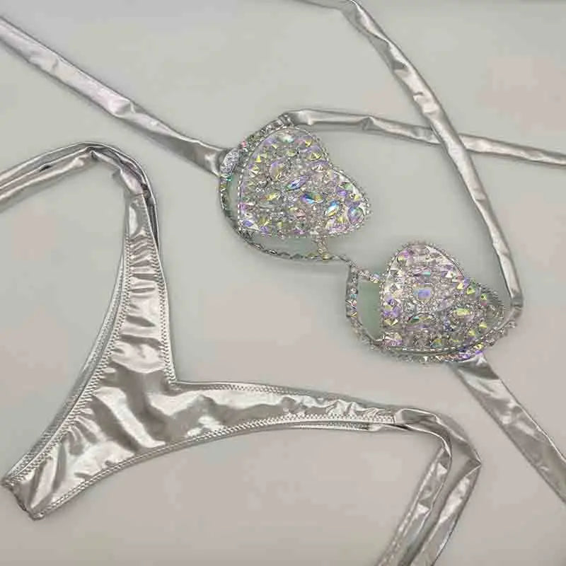 The Venus Vacation Deep-V Bikini – Luxe Rhinestone Embellished Showgirl Swim Set